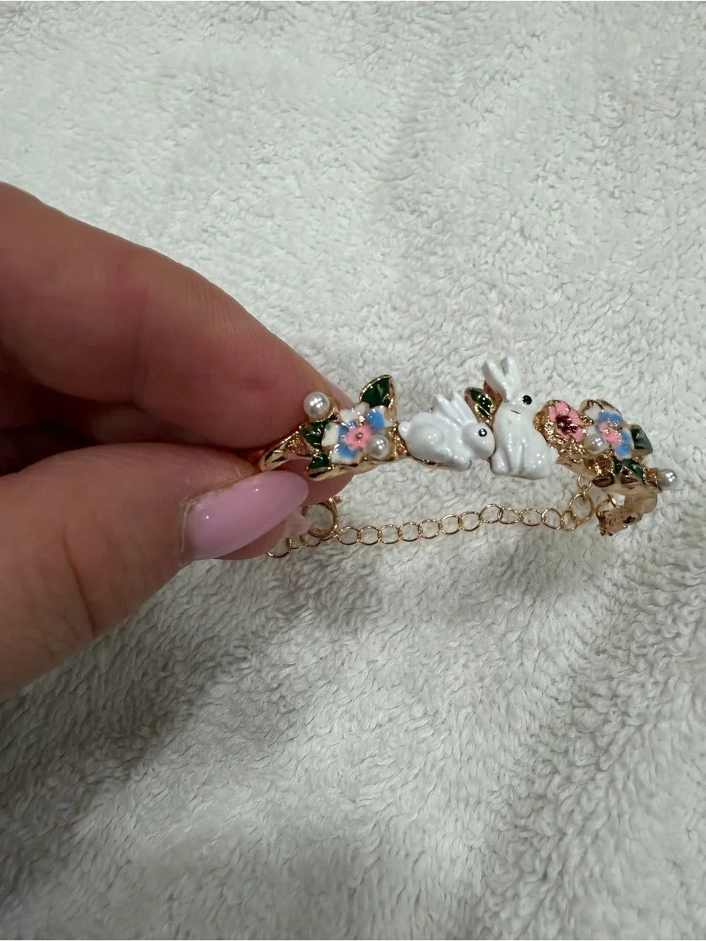 Kawaii Bunny & Floral Gold-Tone Bracelet Pearl Accent Adjustable